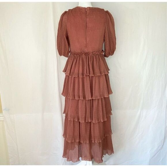 English Factory Size L Tiered Ruffled Midi Dress Mauve Brown Swiss Dot Flouncy - Picture 9 of 16